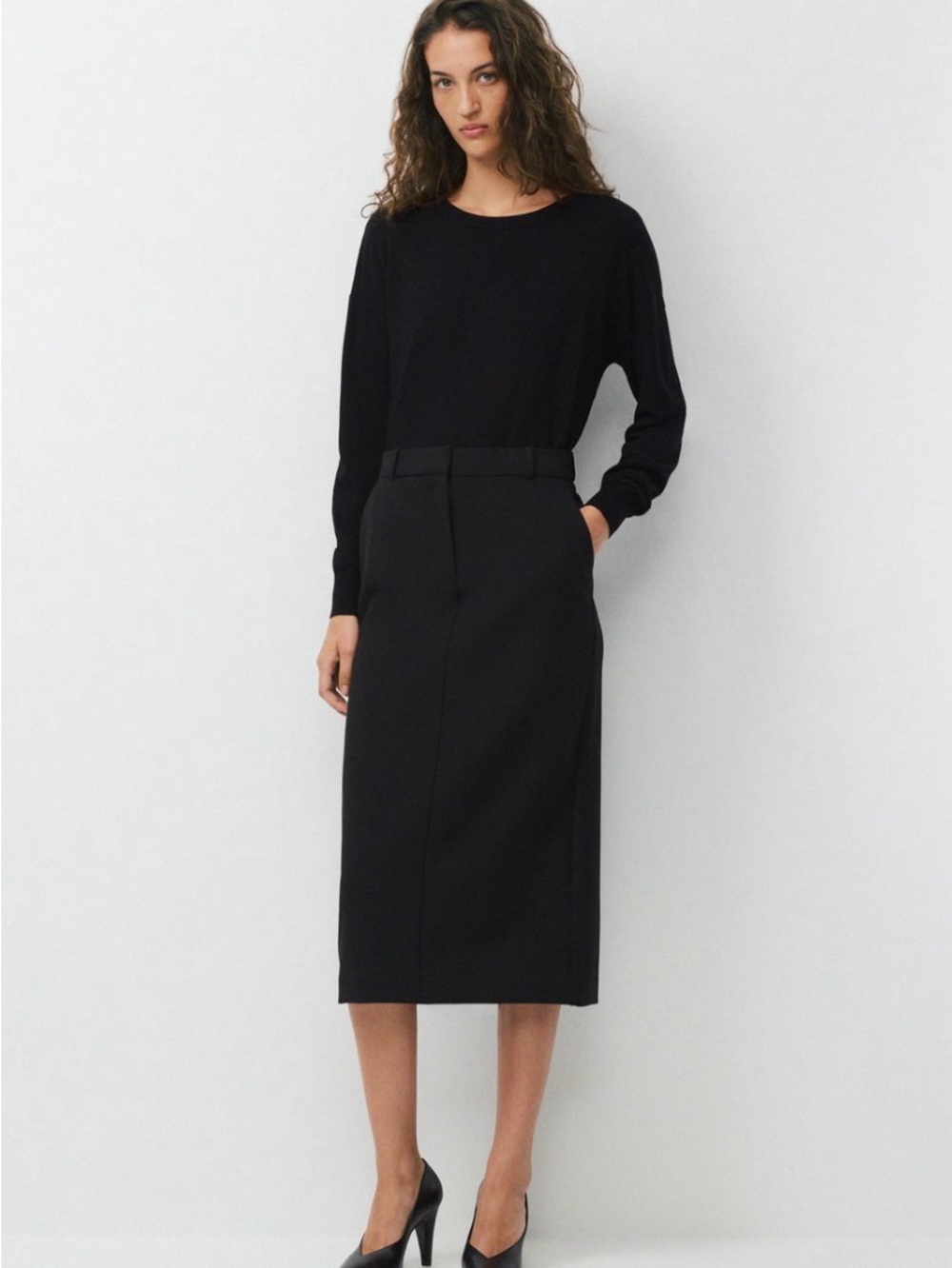 Aritzia Black Midi Pencil Skirt with Belted Waist Detail